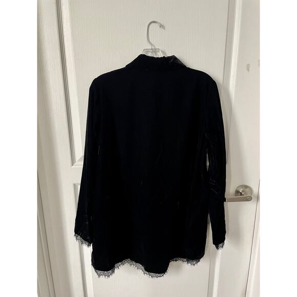LOGO Lori Goldstein Velvet Button Front Lace Trim Blouse Black Small New - Picture 4 of 7